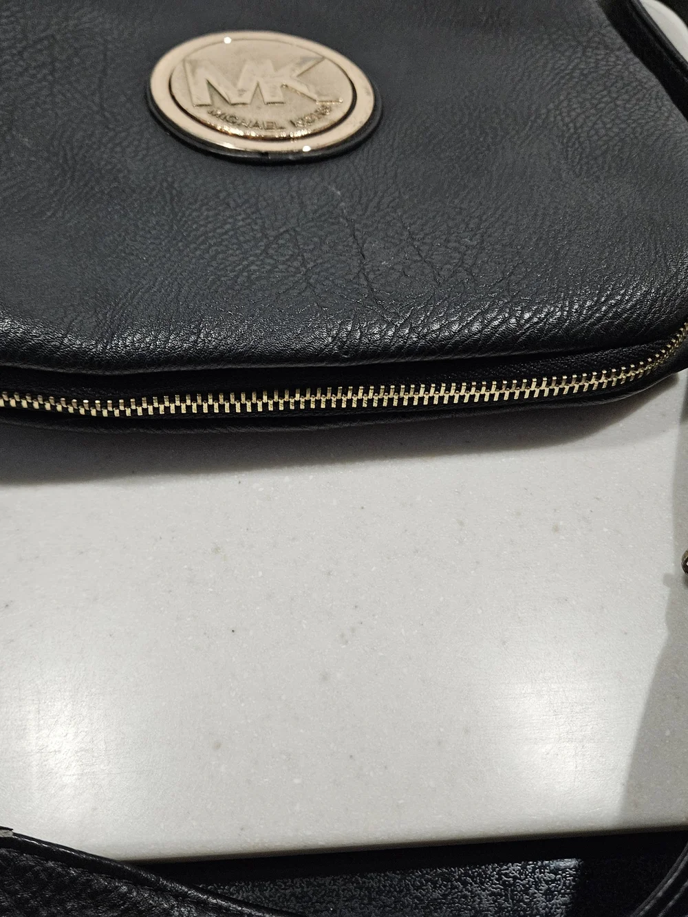 Michael Kors Black Leather Crossbody with Gold MK Emblem
